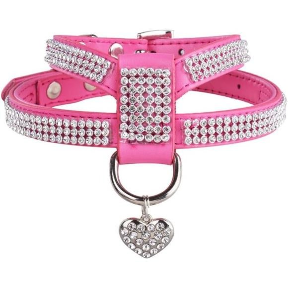 Dog Harness Genuine Leather Soft Padded Pet Sparkly Rhinestone Vest with Heart - Picture 1 of 6